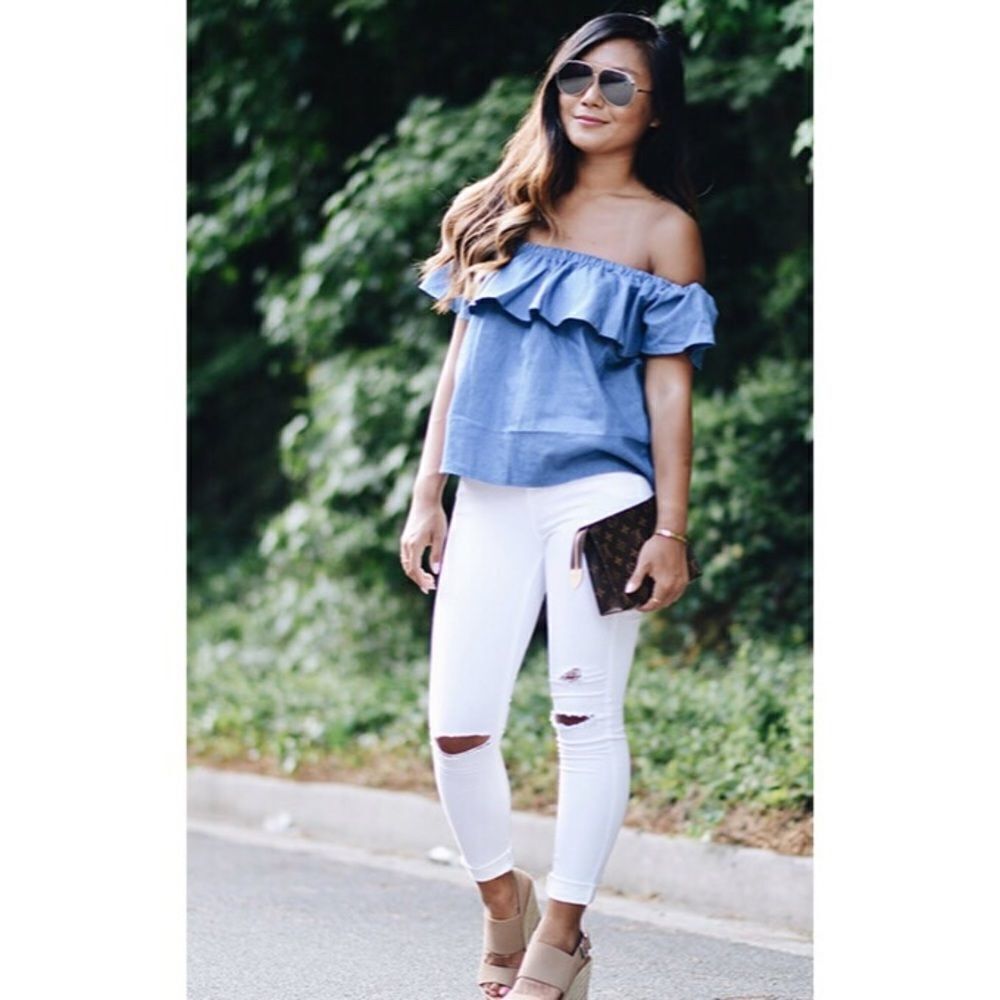 ✨Boat Neck Flounce Denim Crop Top✨
